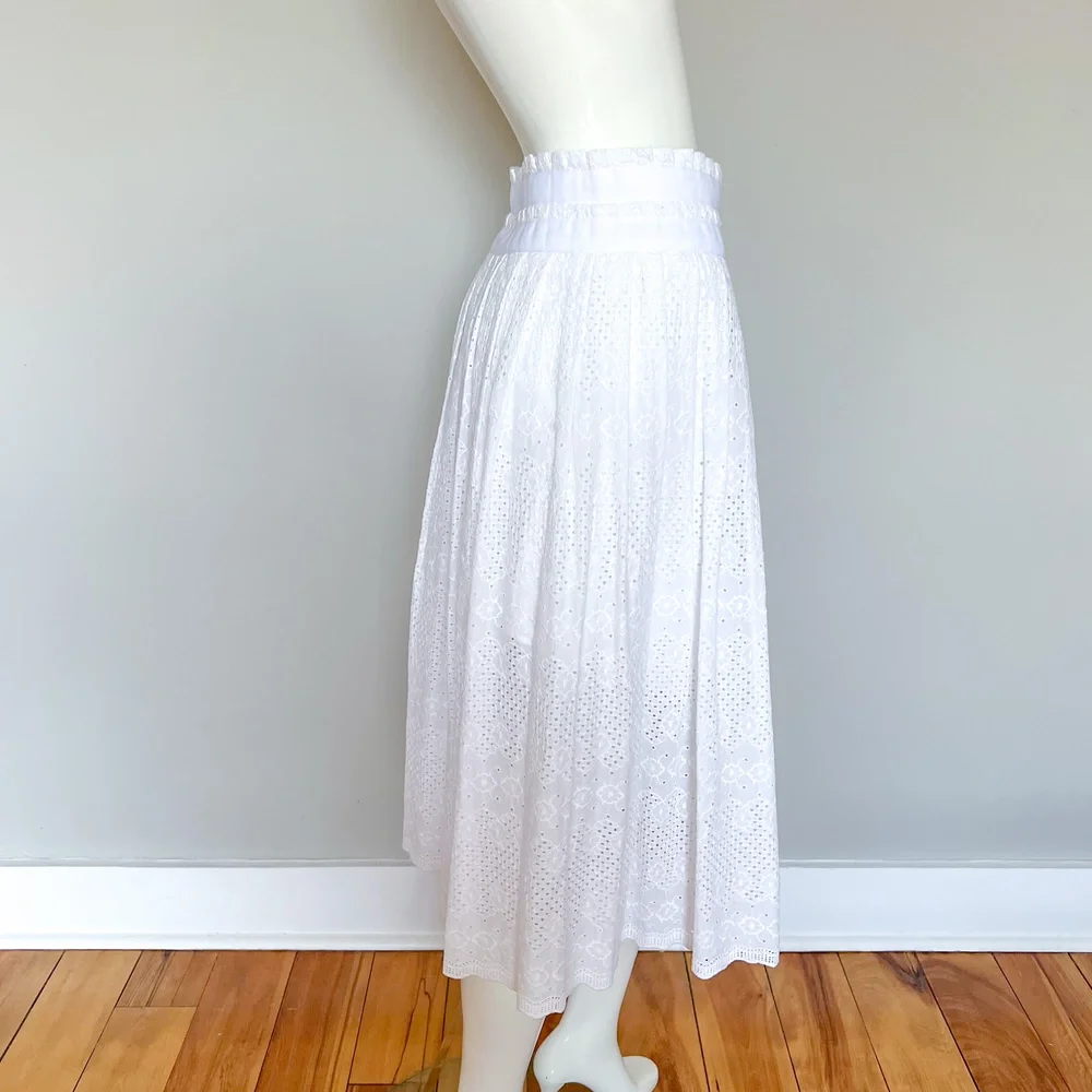 Liu Jo White Eyelet Pleated Cotton Asymmetrical Skirt 6US 42IT Italy Made NWT